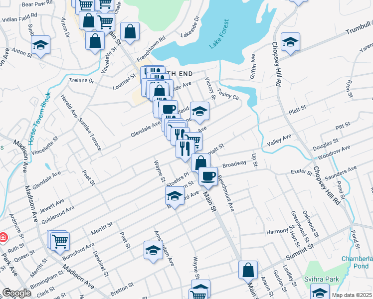map of restaurants, bars, coffee shops, grocery stores, and more near 3770 Main Street in Bridgeport