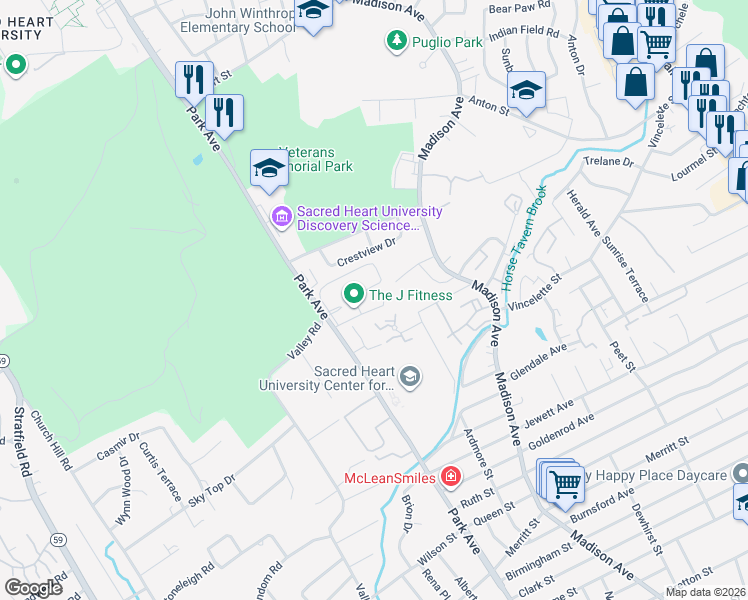 map of restaurants, bars, coffee shops, grocery stores, and more near 4190 Park Avenue in Bridgeport
