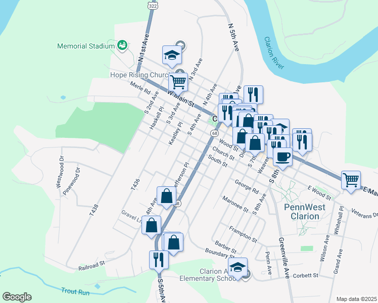 map of restaurants, bars, coffee shops, grocery stores, and more near George Rd in Clarion