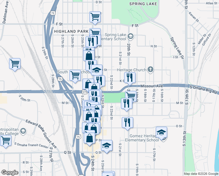 map of restaurants, bars, coffee shops, grocery stores, and more near 4626 South 22nd Street in Omaha