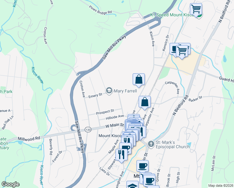 map of restaurants, bars, coffee shops, grocery stores, and more near 14 Emery Street in Mount Kisco