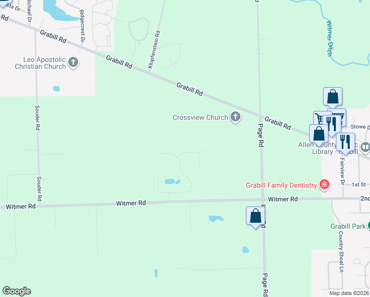 map of restaurants, bars, coffee shops, grocery stores, and more near Saddle Creek Lane in Grabill