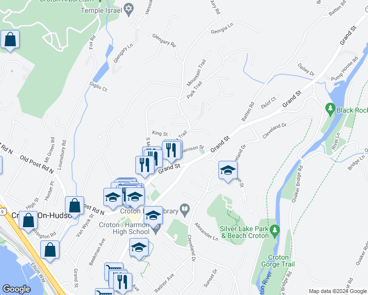 map of restaurants, bars, coffee shops, grocery stores, and more near 27 Harrison Street in Croton-on-Hudson