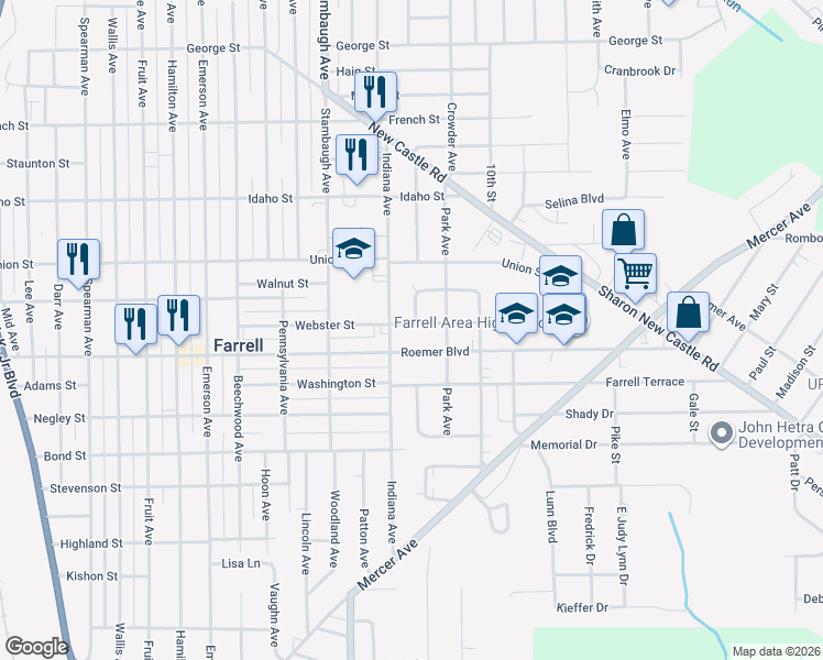 map of restaurants, bars, coffee shops, grocery stores, and more near 1317 Buhl Terrace in Farrell