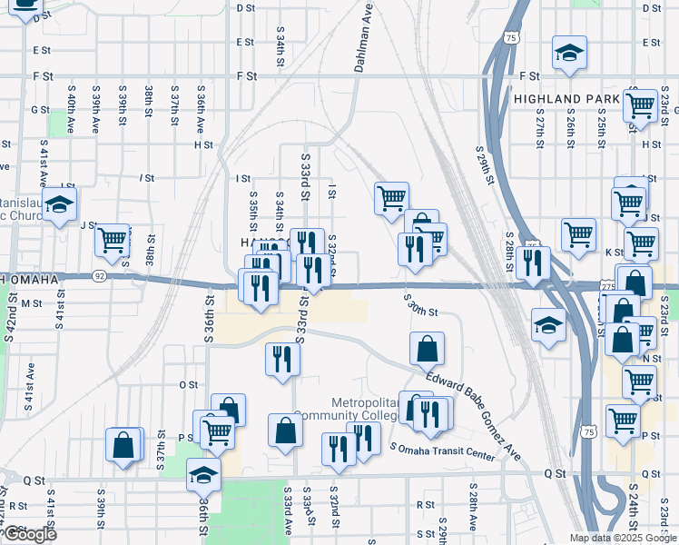 map of restaurants, bars, coffee shops, grocery stores, and more near 3120 L Street in Omaha