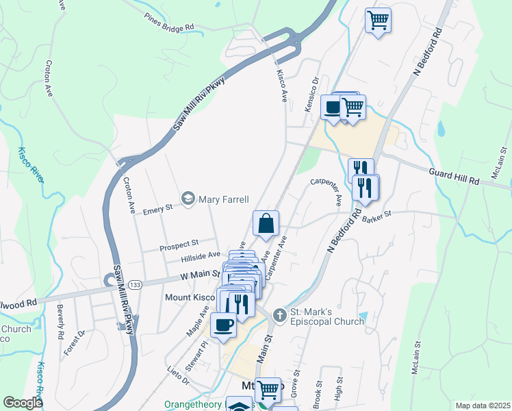 map of restaurants, bars, coffee shops, grocery stores, and more near 104 Kisco Avenue in Mount Kisco