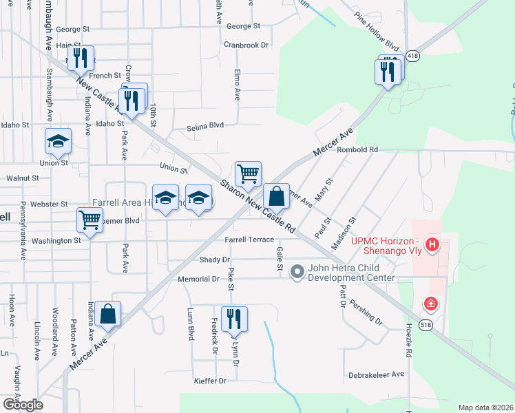 map of restaurants, bars, coffee shops, grocery stores, and more near 715 Sharon New Castle Road in Farrell