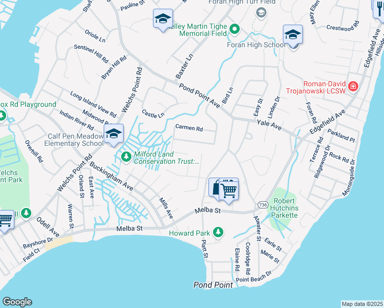 map of restaurants, bars, coffee shops, grocery stores, and more near 35 Carriage Lane in Milford