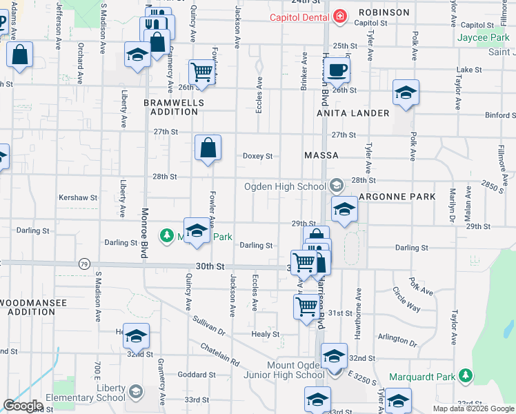 map of restaurants, bars, coffee shops, grocery stores, and more near 2872 Eccles Avenue in Ogden