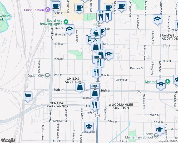 map of restaurants, bars, coffee shops, grocery stores, and more near 2887 Kiesel Avenue in Ogden
