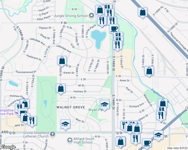 map of restaurants, bars, coffee shops, grocery stores, and more near 14624 L Street in Omaha