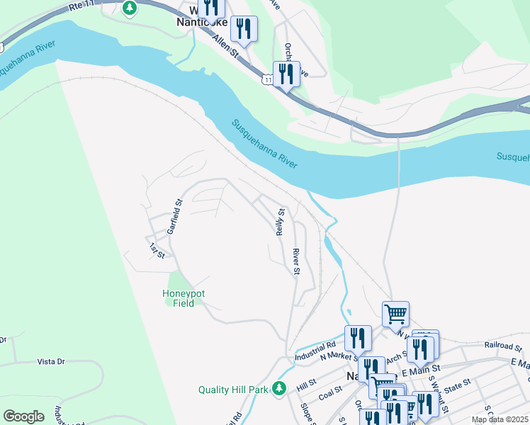 map of restaurants, bars, coffee shops, grocery stores, and more near 92 Garfield Street in Nanticoke
