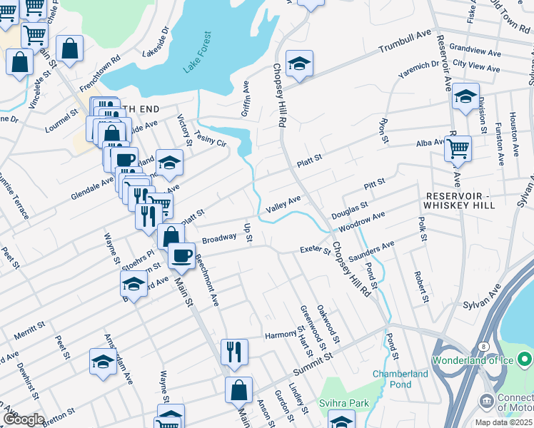 map of restaurants, bars, coffee shops, grocery stores, and more near 143 Valley Avenue in Bridgeport