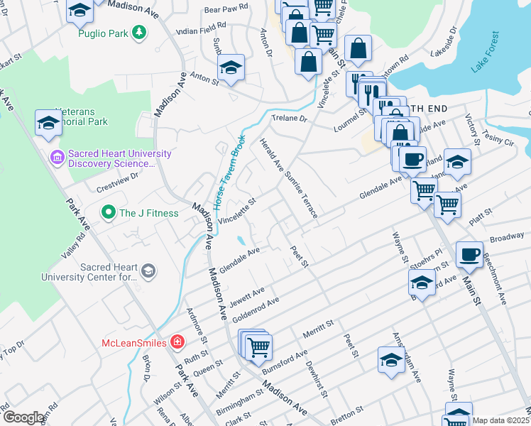 map of restaurants, bars, coffee shops, grocery stores, and more near 99 Marconi Avenue in Bridgeport