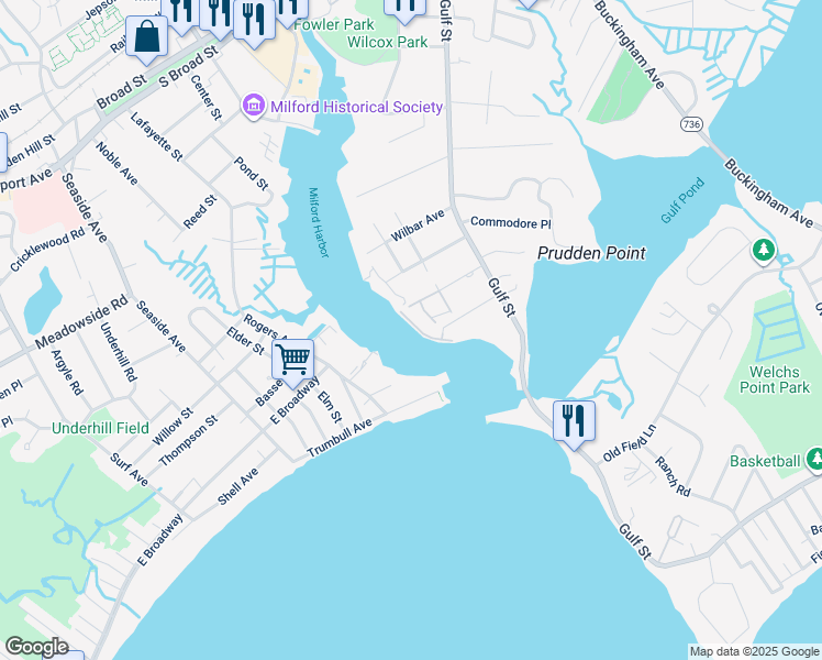 map of restaurants, bars, coffee shops, grocery stores, and more near 15 Oyster Landing Road in Milford