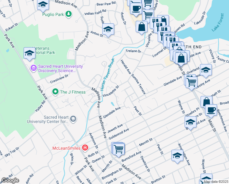 map of restaurants, bars, coffee shops, grocery stores, and more near 53 Ameridge Drive in Bridgeport