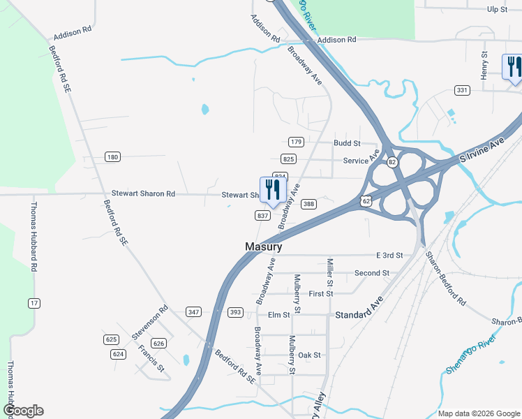 map of restaurants, bars, coffee shops, grocery stores, and more near 1138 Township Highway 837 in Masury