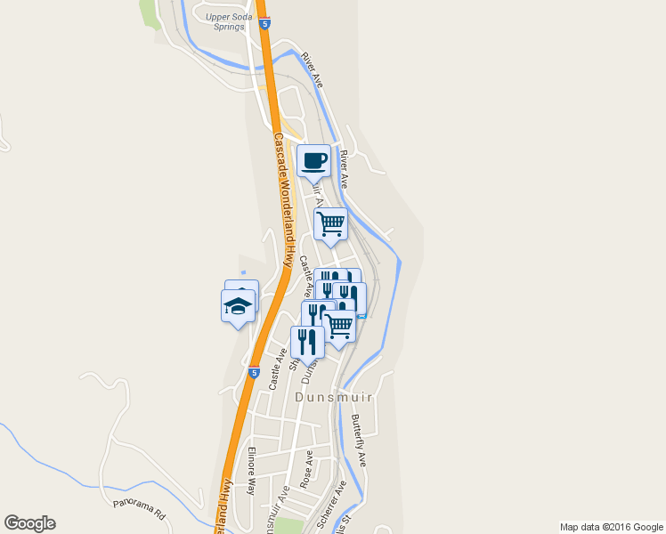 map of restaurants, bars, coffee shops, grocery stores, and more near 5601 Dunsmuir Avenue in Dunsmuir