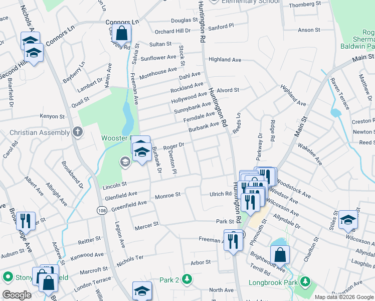 map of restaurants, bars, coffee shops, grocery stores, and more near 105 Springview Avenue in Stratford