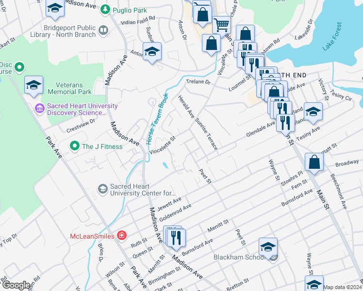 map of restaurants, bars, coffee shops, grocery stores, and more near 99 Marconi Avenue in Bridgeport