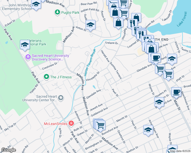 map of restaurants, bars, coffee shops, grocery stores, and more near 8 Ameridge Drive in Bridgeport