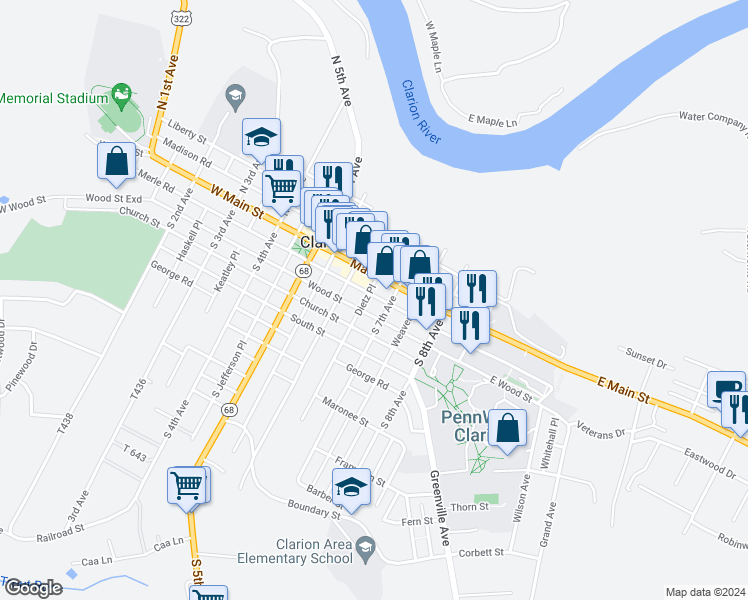 map of restaurants, bars, coffee shops, grocery stores, and more near 25-33 S 7th Ave in Clarion