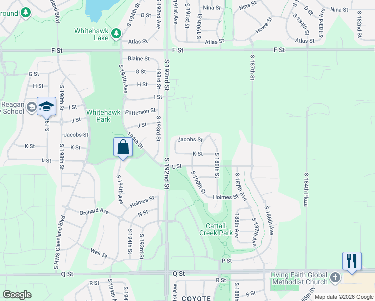 map of restaurants, bars, coffee shops, grocery stores, and more near 19119 K Street in Omaha