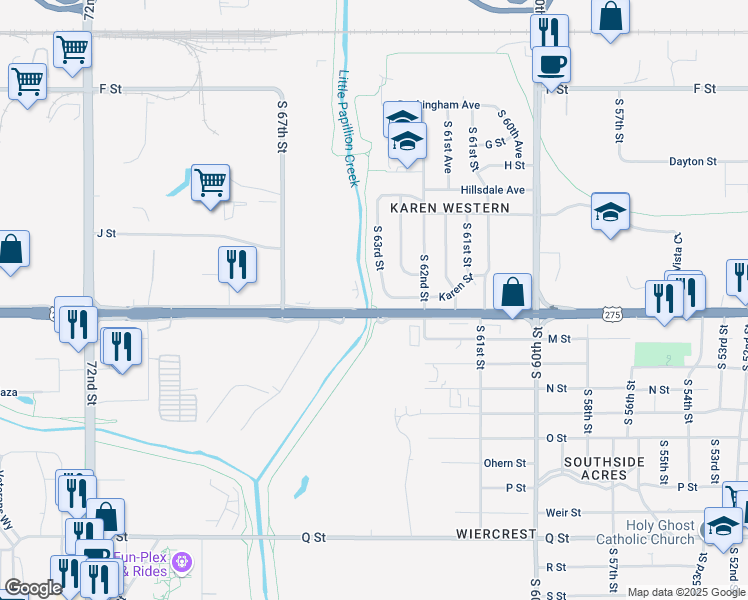 map of restaurants, bars, coffee shops, grocery stores, and more near 4624 1/2 South 63rd Street in Omaha