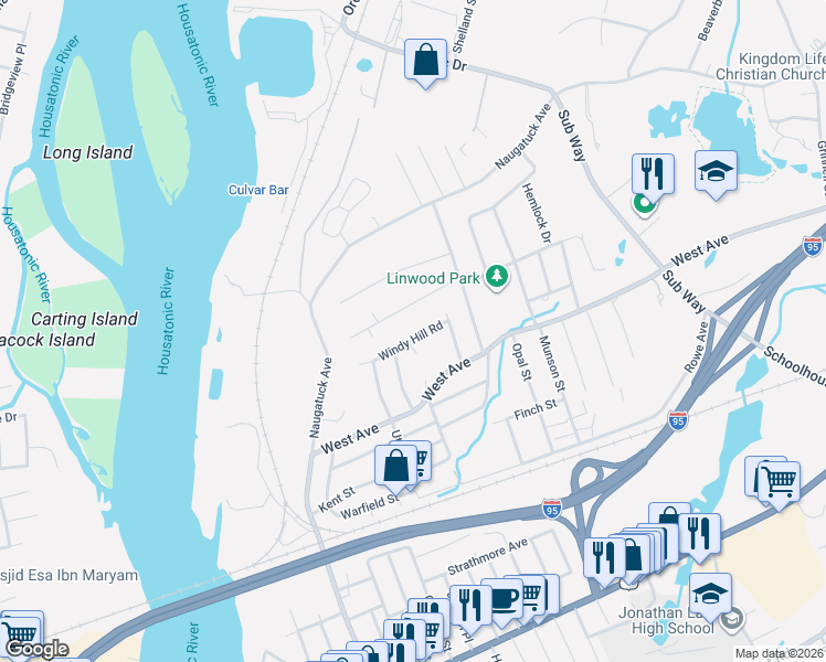 map of restaurants, bars, coffee shops, grocery stores, and more near 56 Windy Hill Road in Milford