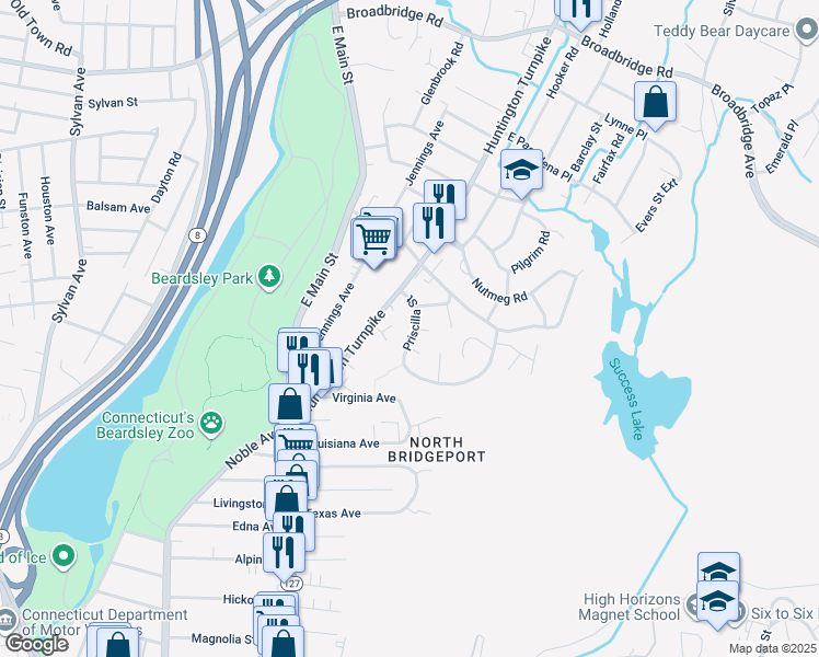 map of restaurants, bars, coffee shops, grocery stores, and more near 90 Priscilla Street in Bridgeport