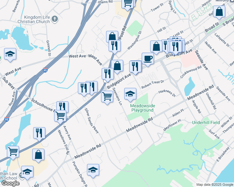 map of restaurants, bars, coffee shops, grocery stores, and more near 31-39 Seemans Lane in Milford