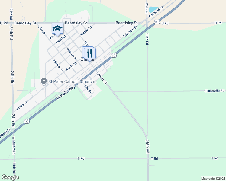 map of restaurants, bars, coffee shops, grocery stores, and more near Green Road in Clarks