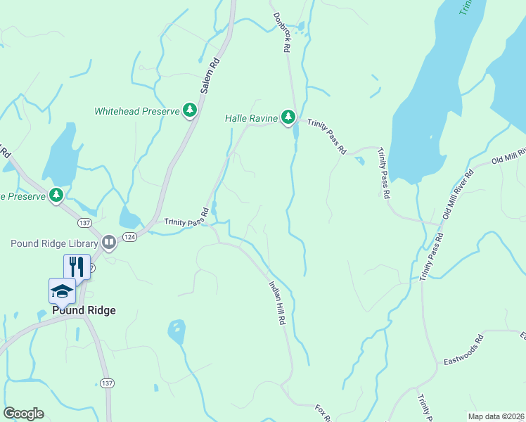 map of restaurants, bars, coffee shops, grocery stores, and more near 49 Indian Hill Road in Pound Ridge