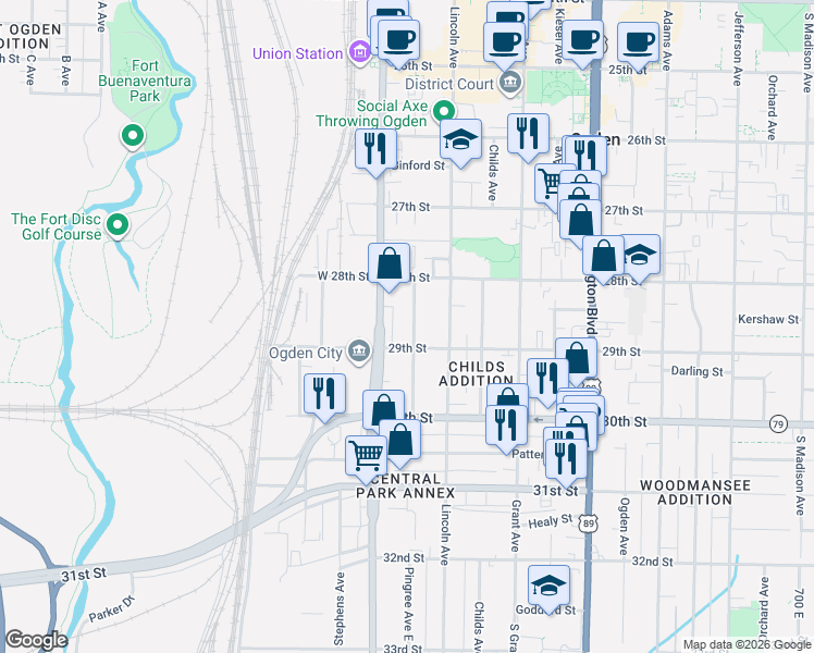 map of restaurants, bars, coffee shops, grocery stores, and more near 2865 Pingree Avenue East in Ogden