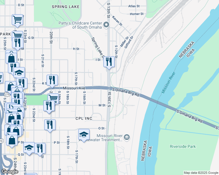 map of restaurants, bars, coffee shops, grocery stores, and more near S 13th St & Missouri Ave in Omaha