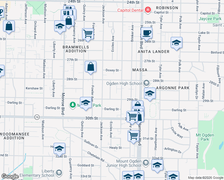 map of restaurants, bars, coffee shops, grocery stores, and more near 2844 Eccles Avenue in Ogden