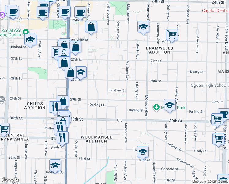 map of restaurants, bars, coffee shops, grocery stores, and more near 635 Kershaw Street in Ogden