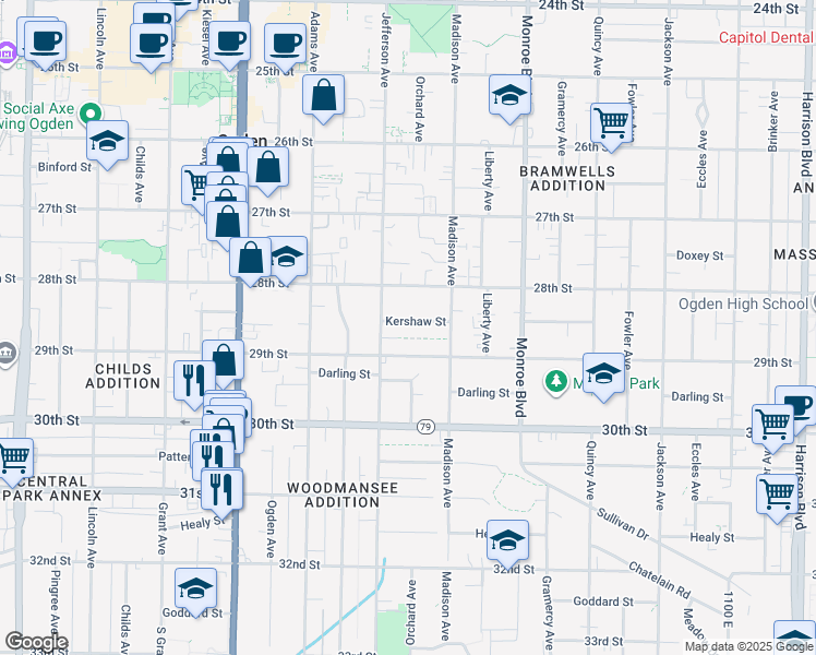 map of restaurants, bars, coffee shops, grocery stores, and more near 635 Kershaw Street in Ogden