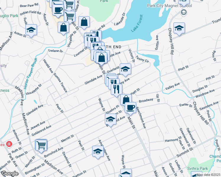 map of restaurants, bars, coffee shops, grocery stores, and more near 3839 Main Street in Bridgeport