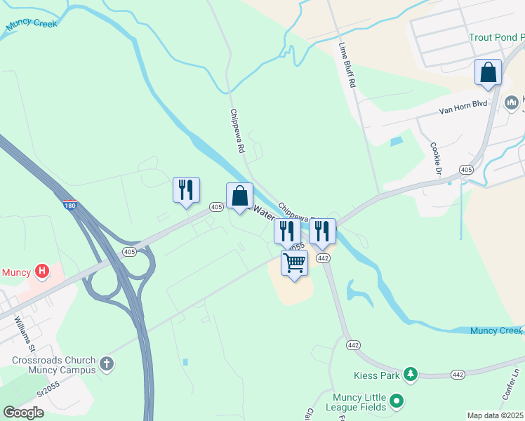 map of restaurants, bars, coffee shops, grocery stores, and more near Muncy Creek Boulevard in Muncy