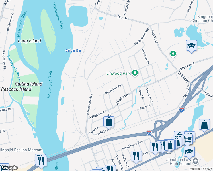 map of restaurants, bars, coffee shops, grocery stores, and more near 99 Valley View Road in Milford