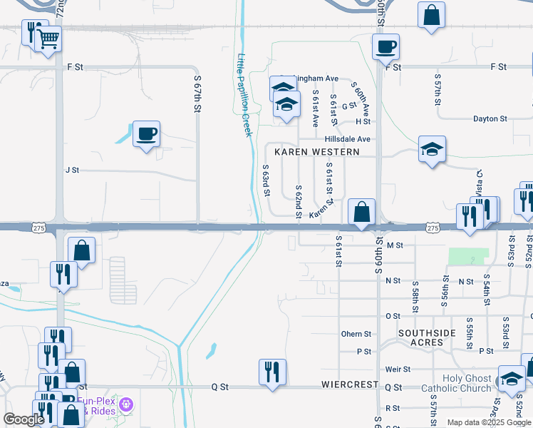 map of restaurants, bars, coffee shops, grocery stores, and more near 4624-1/2 South 63rd Street in Omaha