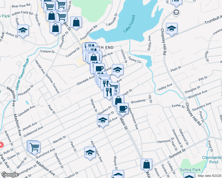 map of restaurants, bars, coffee shops, grocery stores, and more near 3770 Main Street in Bridgeport