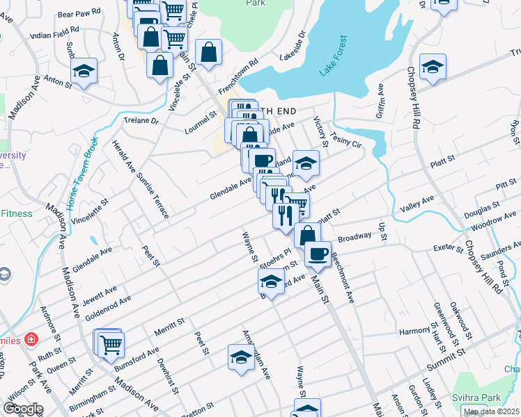 map of restaurants, bars, coffee shops, grocery stores, and more near 53 Jewett Avenue in Bridgeport