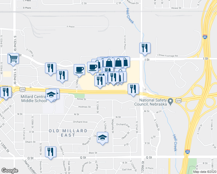 map of restaurants, bars, coffee shops, grocery stores, and more near 12320 L Street in Omaha