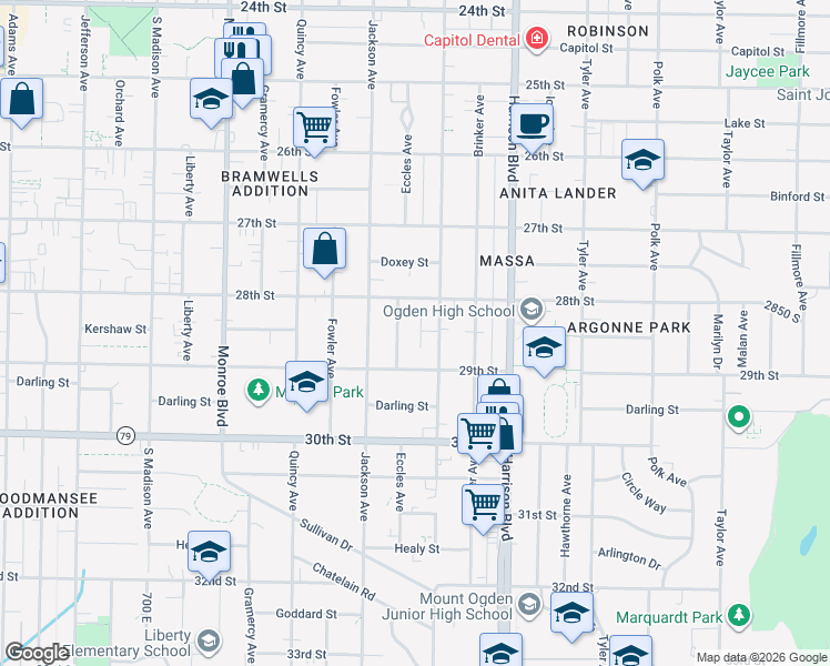 map of restaurants, bars, coffee shops, grocery stores, and more near 2872 Eccles Avenue in Ogden