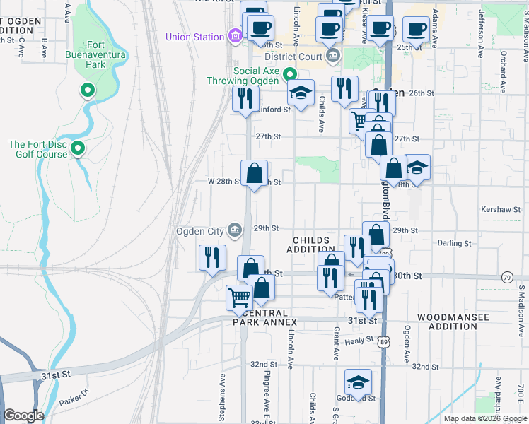 map of restaurants, bars, coffee shops, grocery stores, and more near 2881 Pingree Avenue East in Ogden
