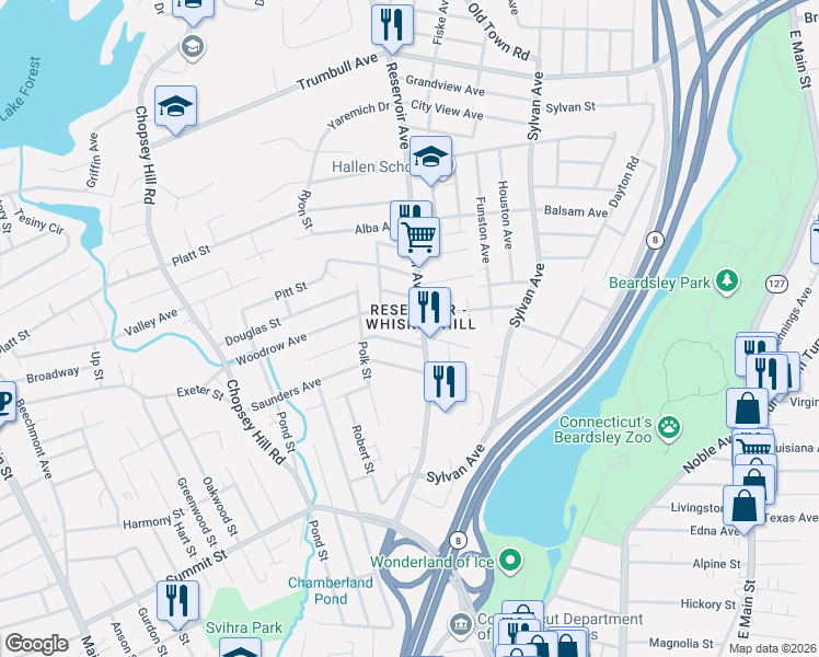 map of restaurants, bars, coffee shops, grocery stores, and more near 39 Moffitt Street in Bridgeport