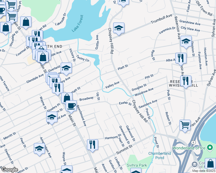 map of restaurants, bars, coffee shops, grocery stores, and more near 143 Valley Avenue in Bridgeport