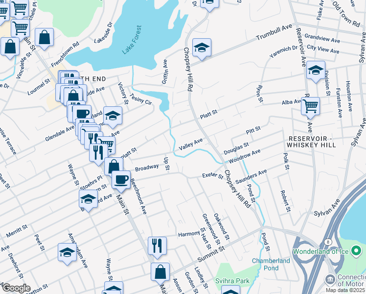map of restaurants, bars, coffee shops, grocery stores, and more near 143 Valley Avenue in Bridgeport
